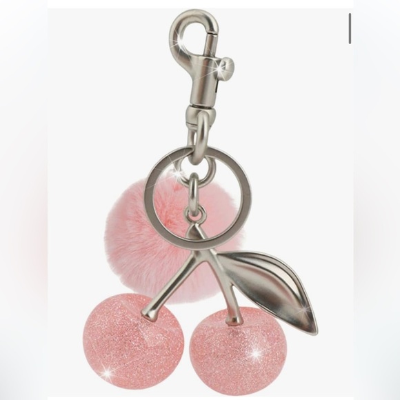 Pink sparkle cherries with pink poof ball purse charm bag charm - Picture 1 of 2